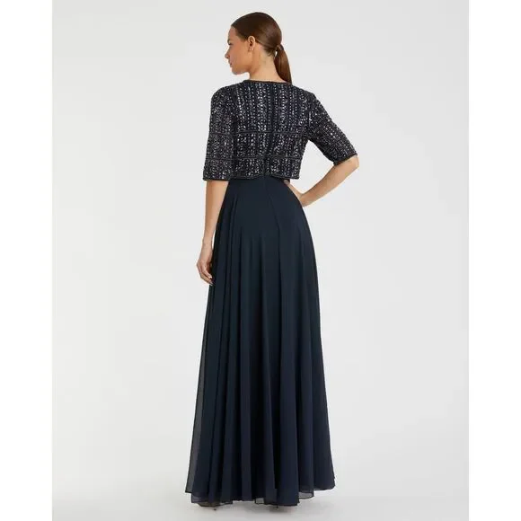 Mac Duggal NEW Chiffon Gown w/ Fully Beaded 3/4 Sleeve Top Navy $598 - Size 18 - Picture 8 of 13